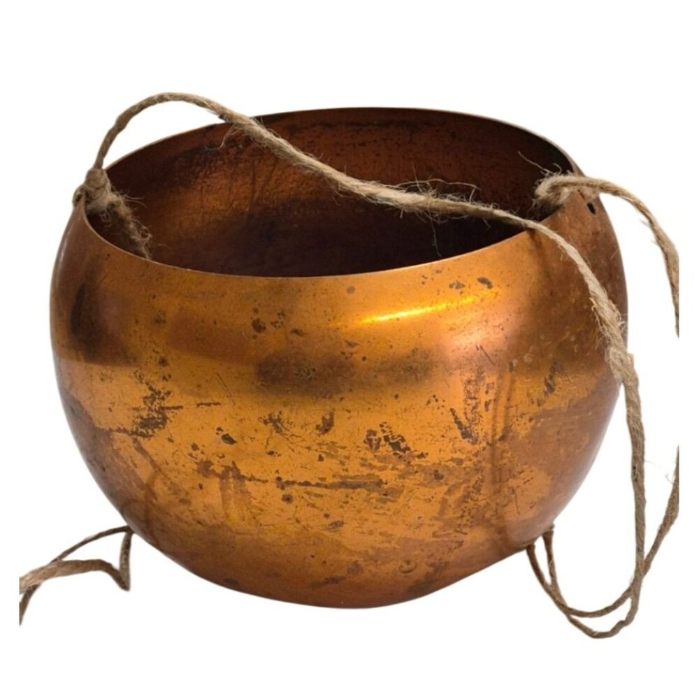 Vintage Copper Hanging Planter Rustic Farmhouse Decor Artisan Crafted Patina Bow - Picture 2 of 7
